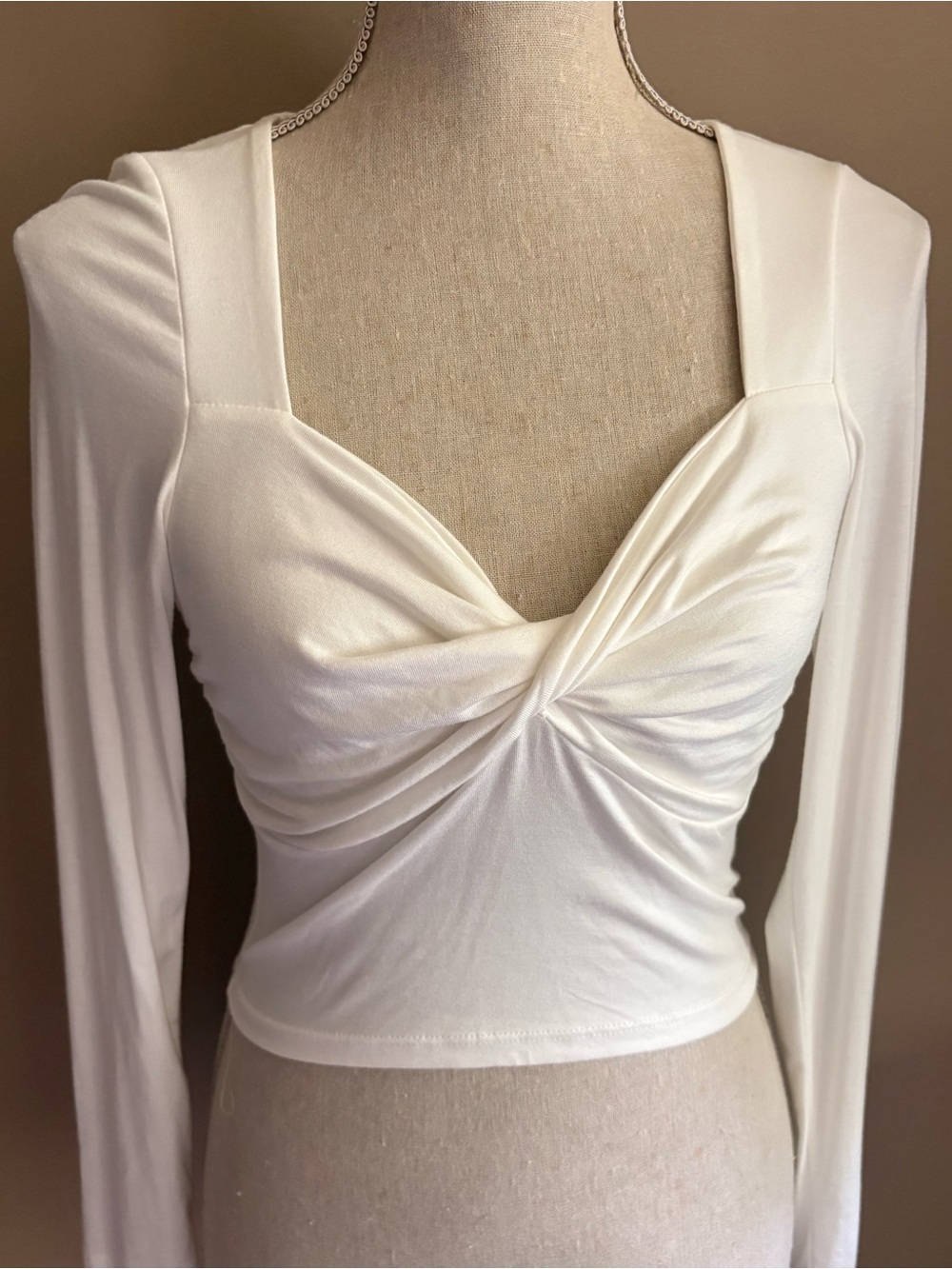 Originality Women’s Twist Front Sweetheart Neckline Long Sleeve Top - White